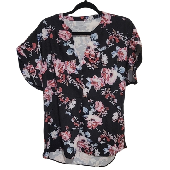 Tops - Floral Black and Pink Women's Top